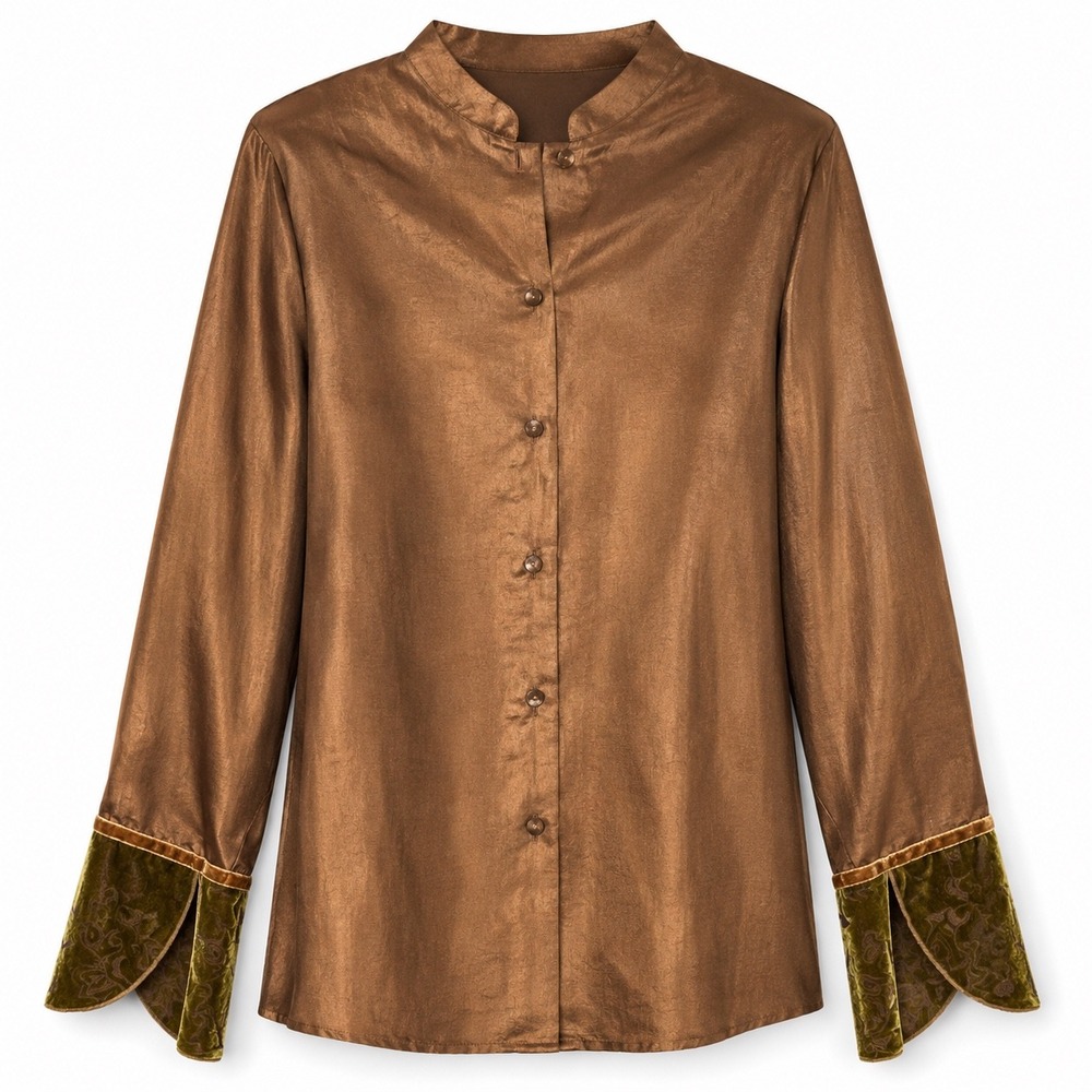 April Cornell Blouse L Brown Satin Whimsigoth Art-to-Wear Velvet Cuffs Lagenlook